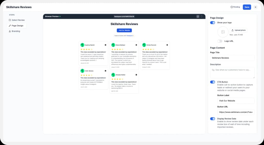Customization settings for the Wall of Love feature