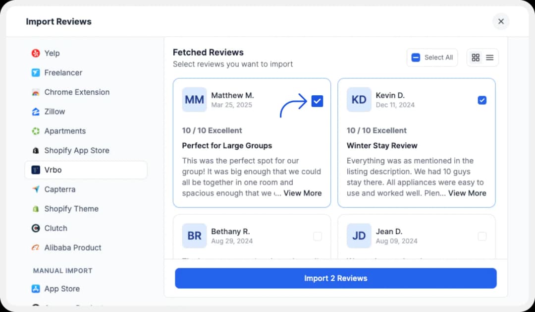 Select your favorite reviews to import into your Feedspace