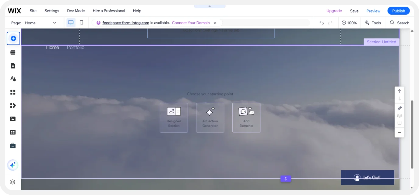 Selecting the section on a Wix website where the review form pop-up will be added