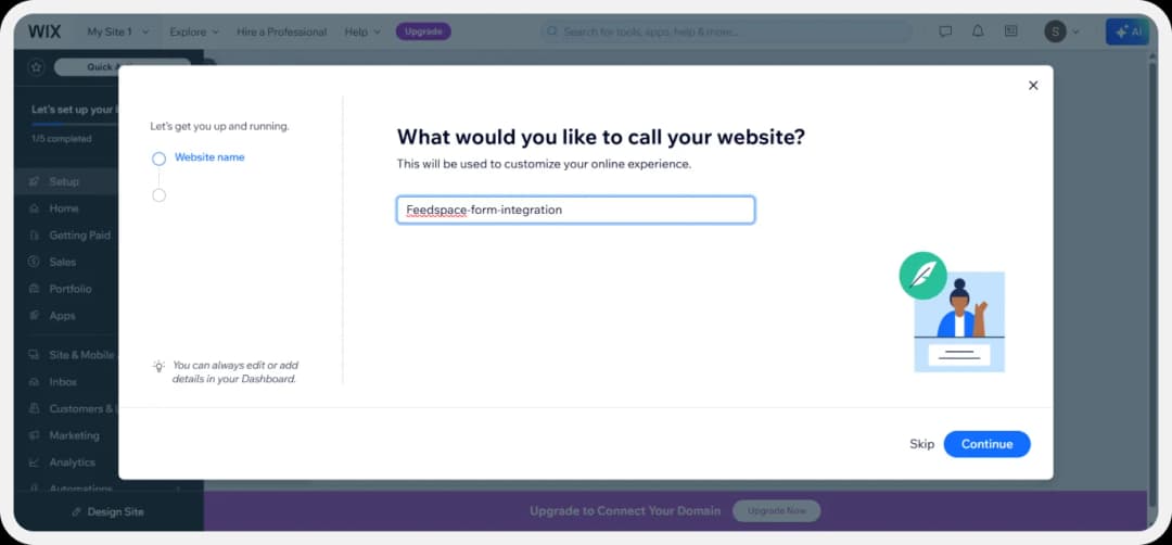 Wix dashboard showing the editor interface for opening a new or existing site