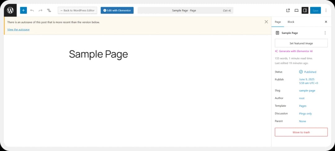 Edit Page option in WordPress editor