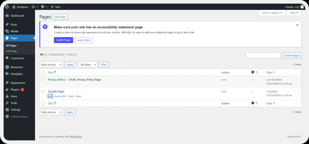 WordPress dashboard showing Pages menu