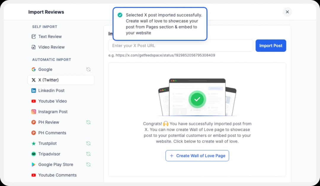 Import Twitter post from link into Feedspace
