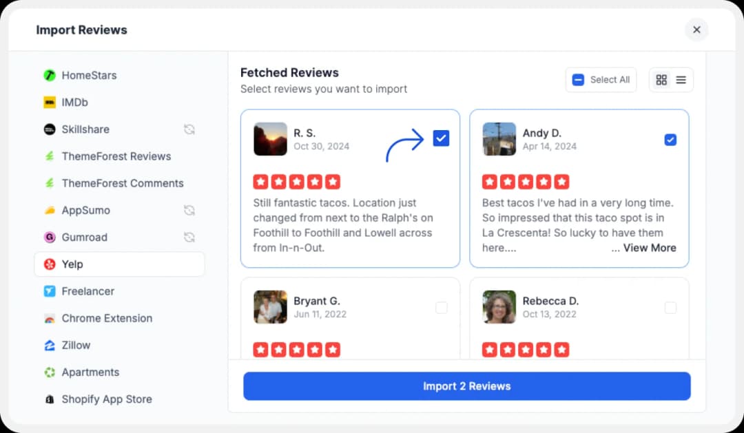 Pick your favourite reviews to import into Feedspace.