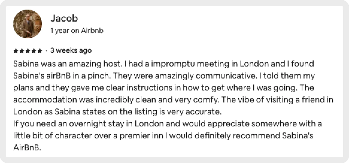 Jacob's review of a great stay and communication at Sabina's Airbnb.