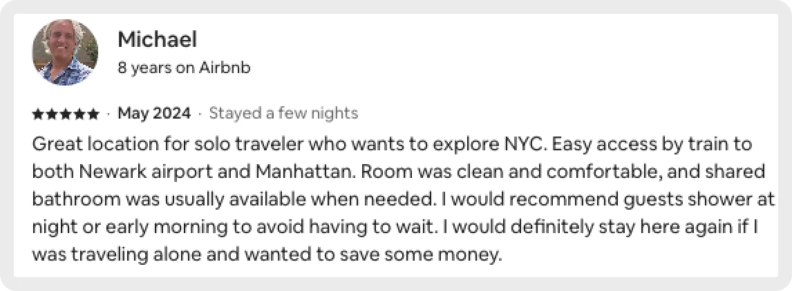 Michael's Airbnb review is about a comfortable stay in a convenient location.