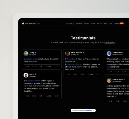 Alchemyst AI website using Feedspace widgets