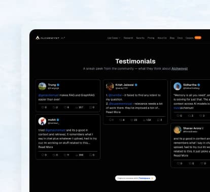 Alchemyst AI website using Feedspace widgets