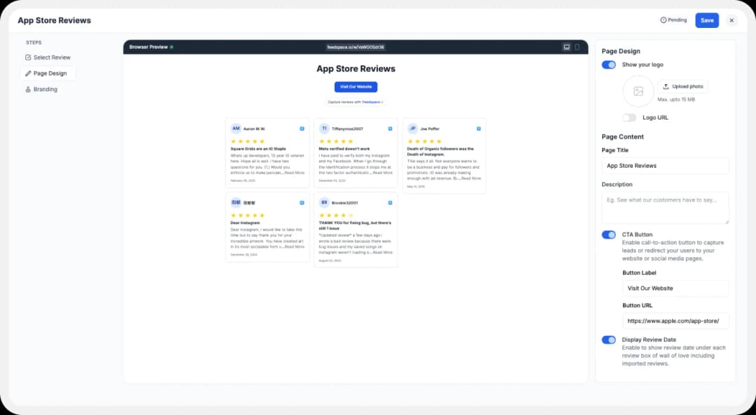 personalizing Wall of Love made using App Store reviews
