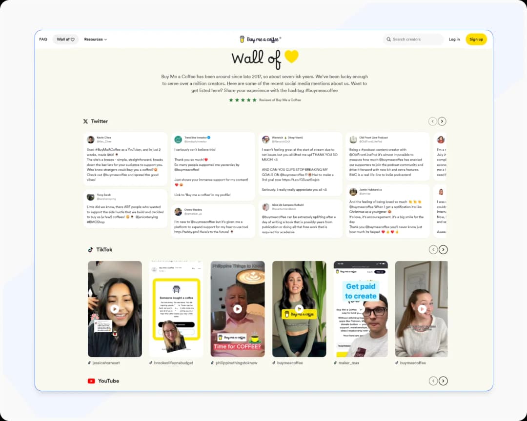 Buy Me a Coffee Wall of Love showcasing testimonials and support