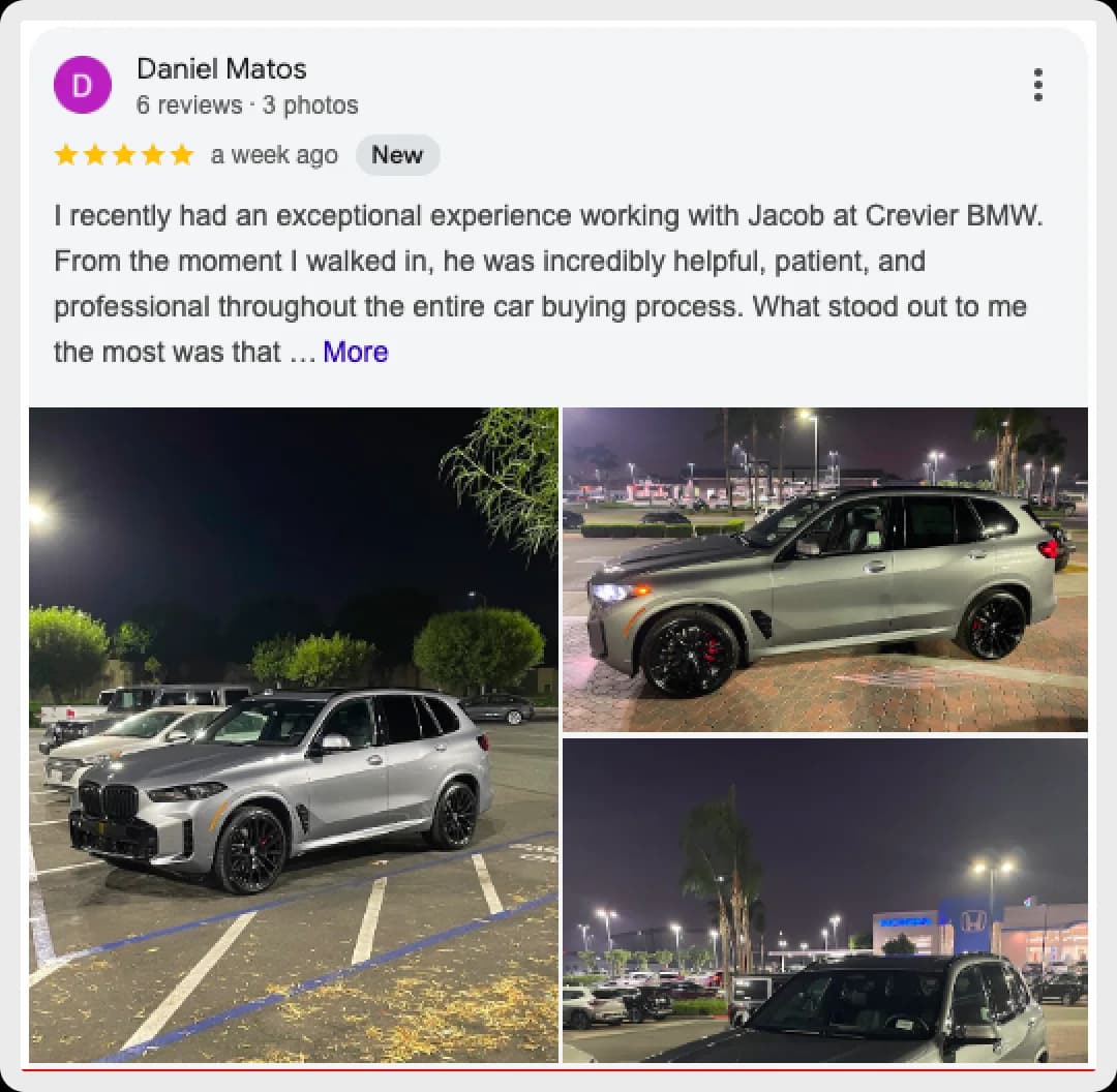 Daniel Matos's review of his car purchase experience at Crevier BMW with photos of the vehicle