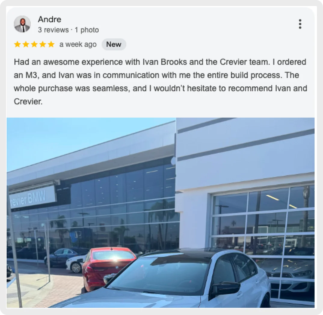 Andre's positive review of his M3 purchase experience at Crevier BMW