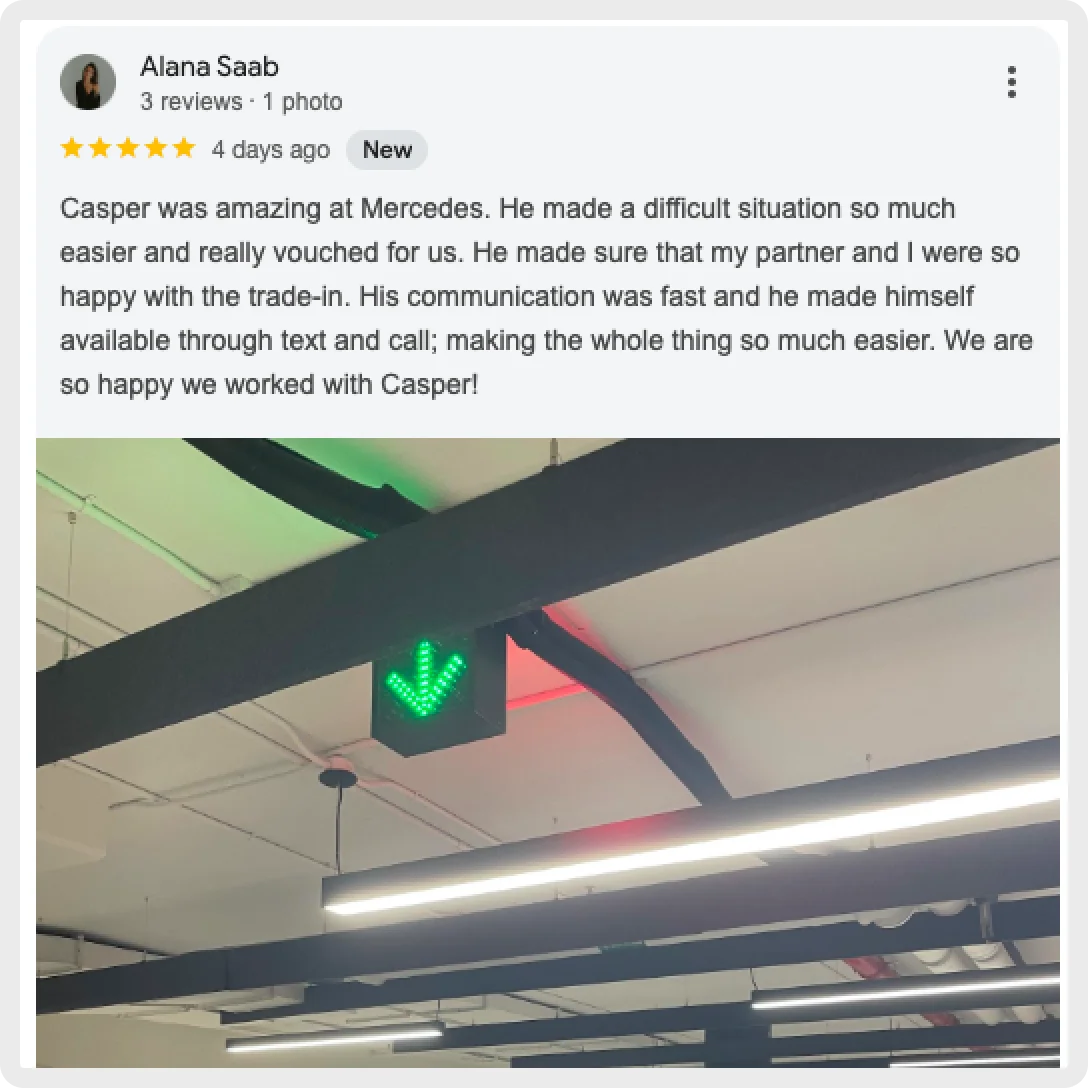 Alana Saab's review of her experience at Mercedes with service from Casper