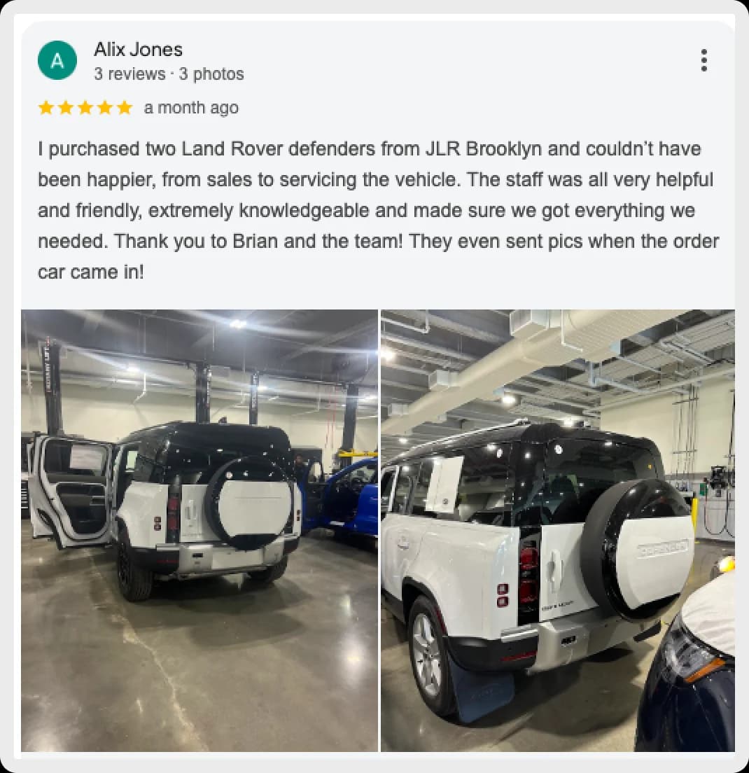 Alix Jones's review of his Land Rover Defender purchase experience at JLR Brooklyn