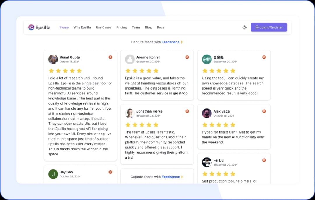 Epsilla uses the Feedspace Wall of Love to showcase reviews