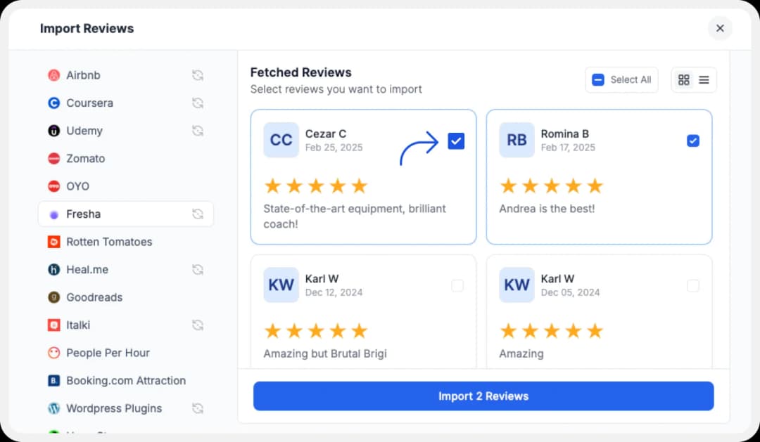 Choosing the favorite Fresha reviews to import into Feedspace