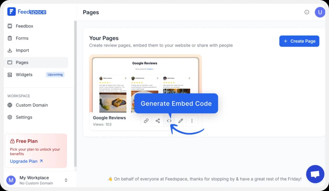 Button to generate embed code for Wall of Love display