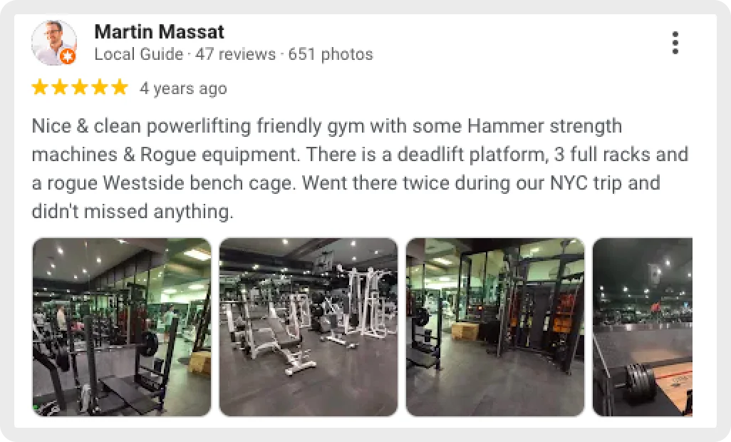 Positive gym review with detailed equipment description