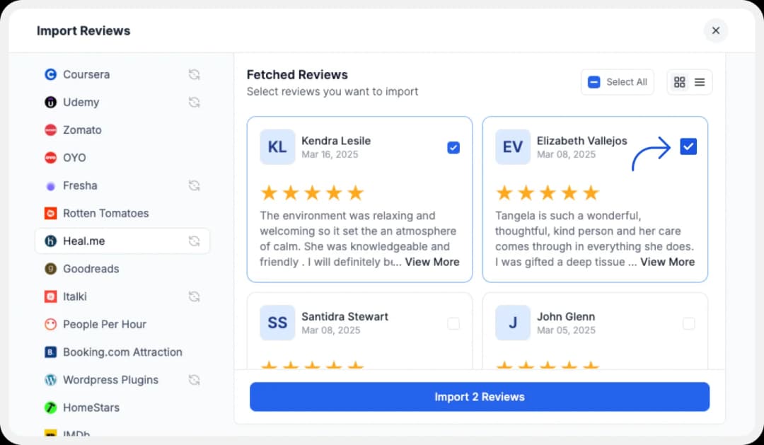 Choosing Heal.me reviews for importing