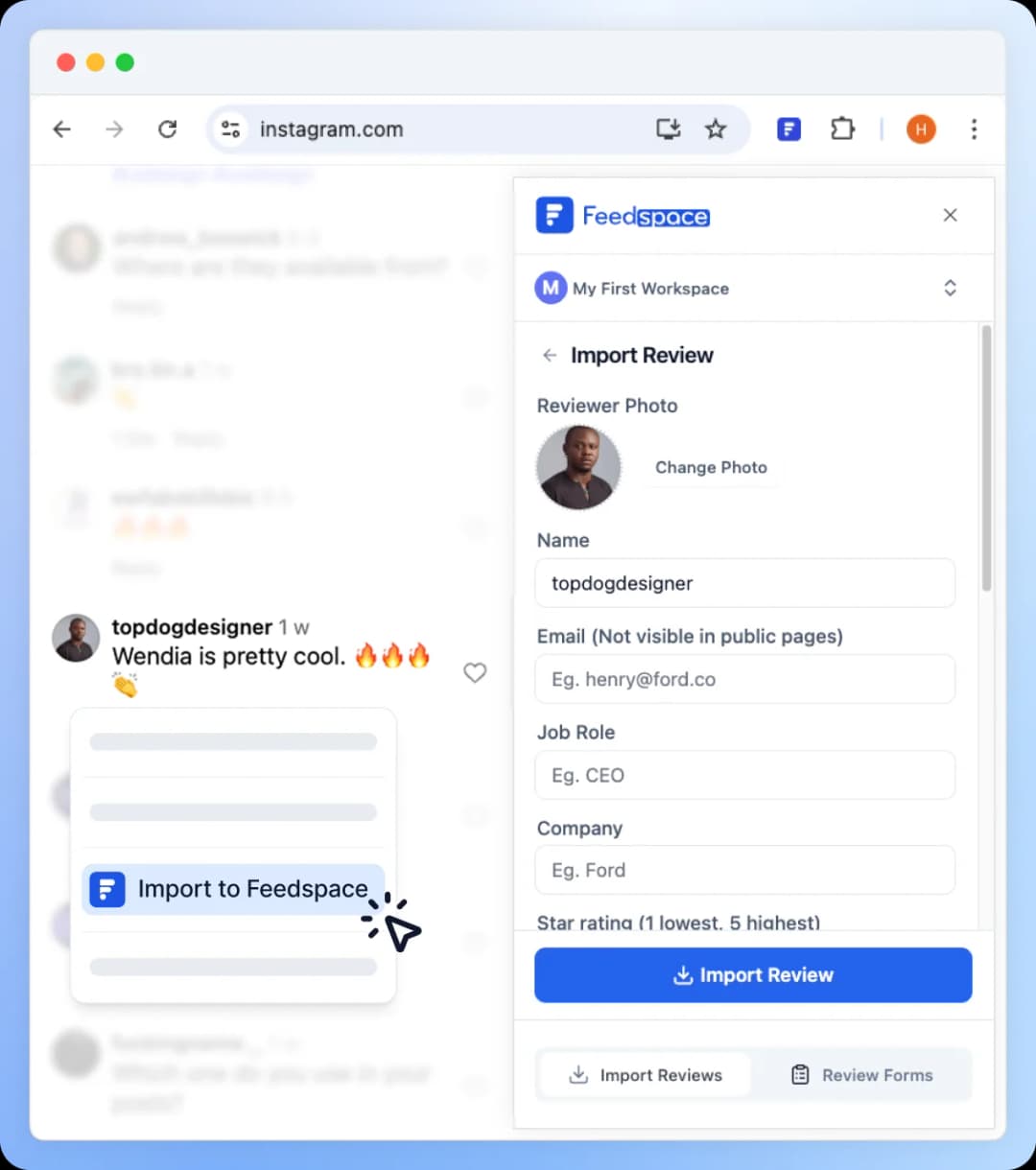 Feedspace Chrome Extension interface preview with review import