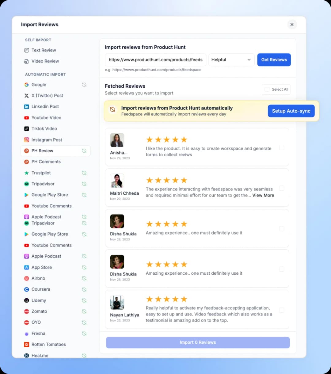 Auto sync reviews with Feedspace