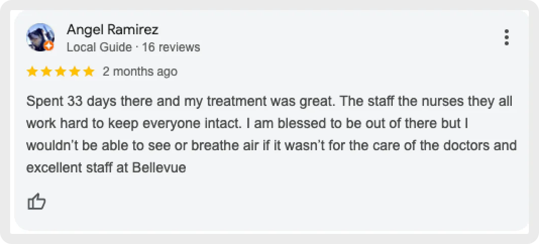 Angel Ramirez review praising Bellevue staff for excellent care.