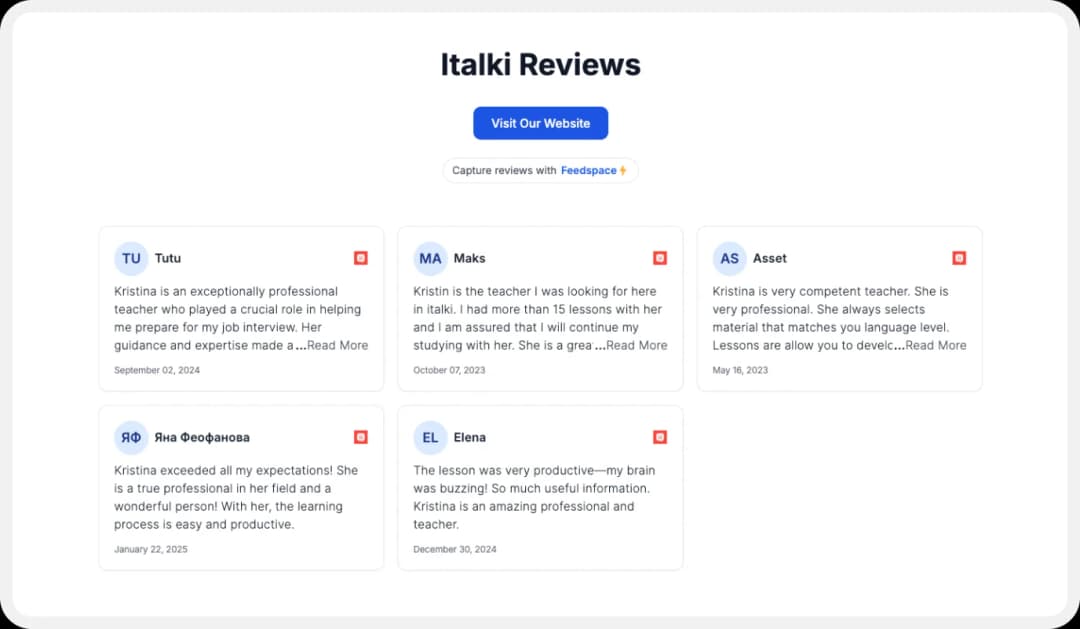 wall of Love to embed Italki reviews on your website