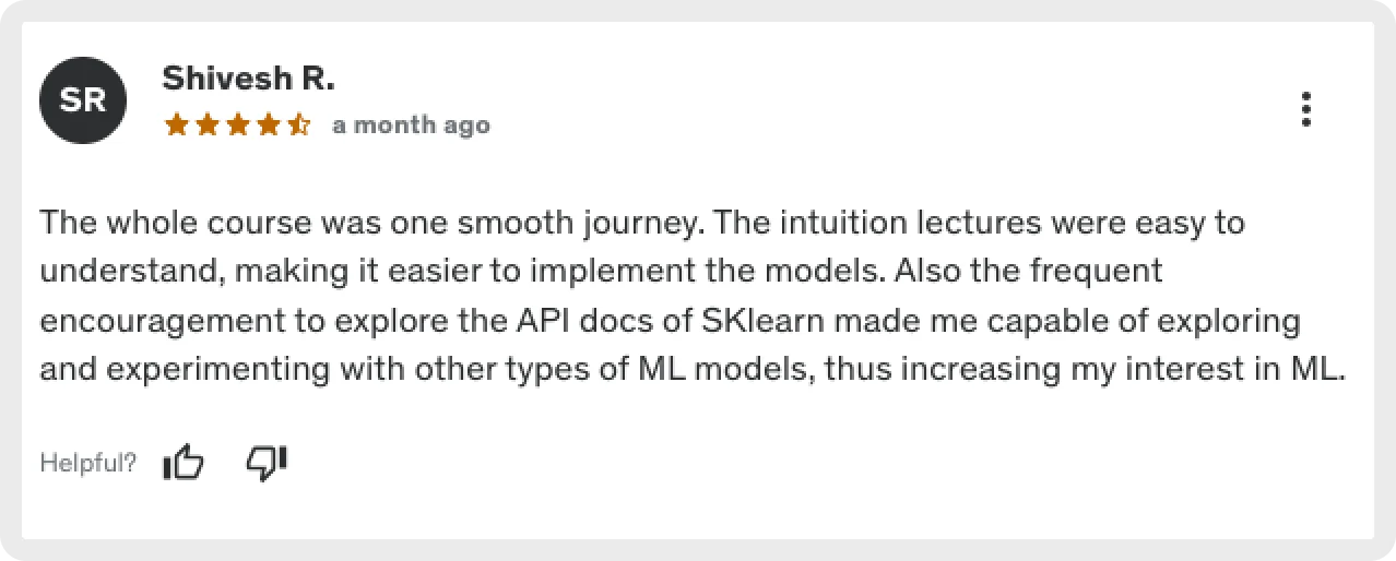 Shivesh R.'s review of a machine learning course