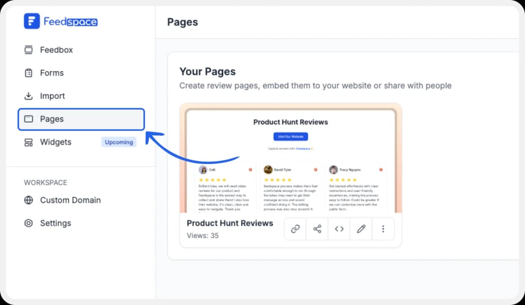 Wall of love Feedspace dashboard