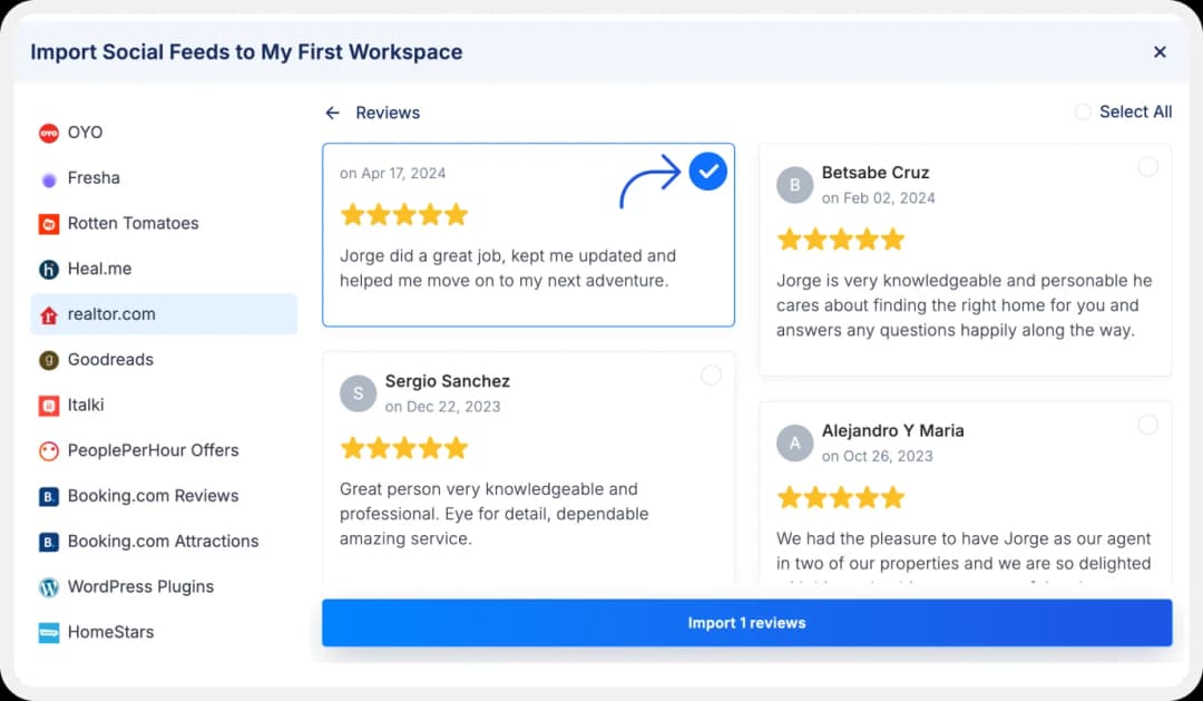 Select favorite Realtor reviews to import into Feedspace