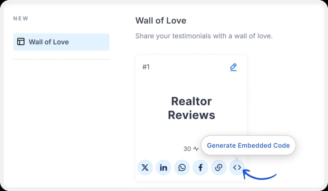 Generate the embed code for displaying Wall of Love