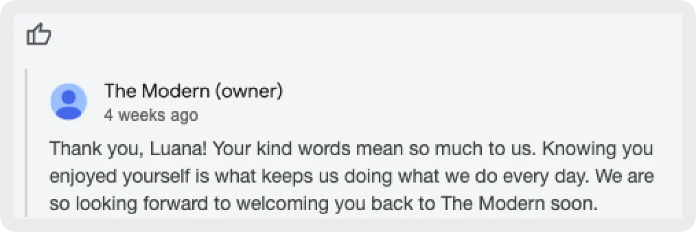 The Modern's response to Luana's review, expressing gratitude for her kind words