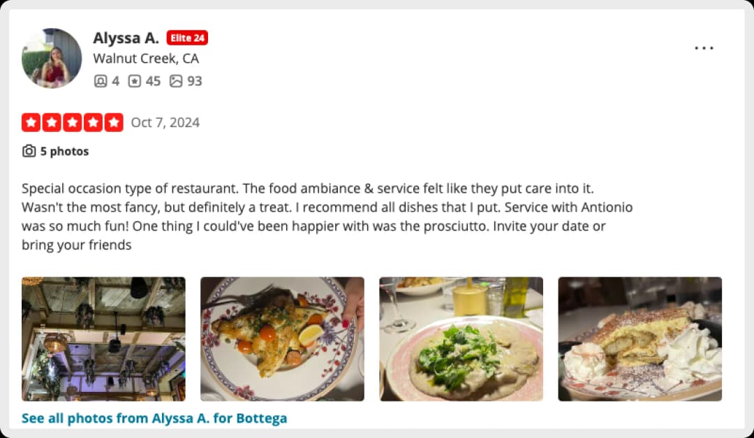 Alyssa A.'s Yelp review on the dining experience at Bottega