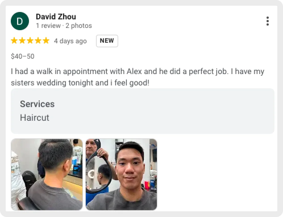 David Zhou's review on perfect haircut service for a wedding