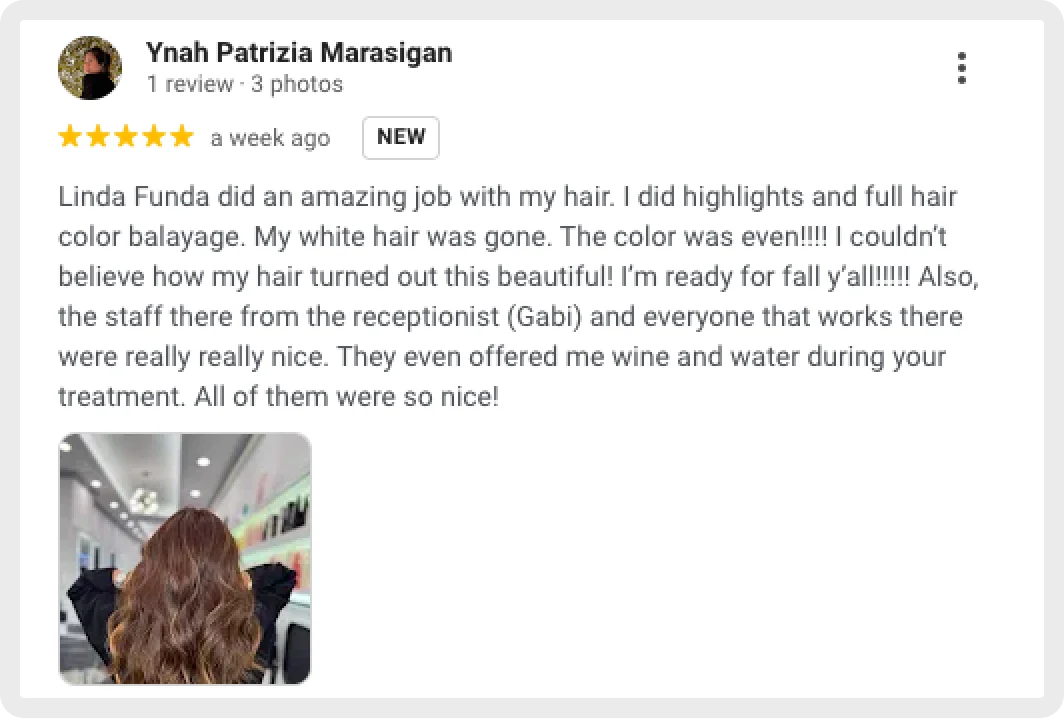 Review of Linda Funda's hair service with highlights and full balayage