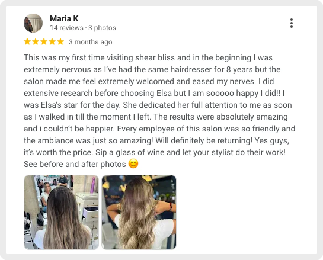 Positive review about Elsa's hair service at Shear Bliss salon with before and after photos