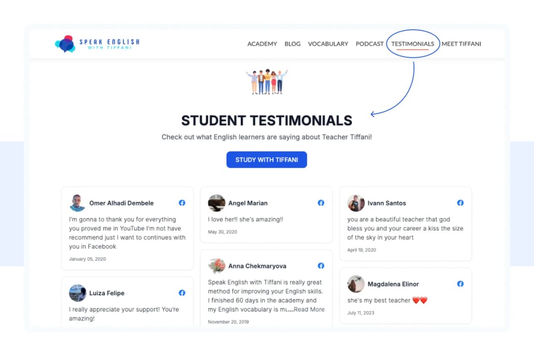 Add student testimonials on your website for social proof