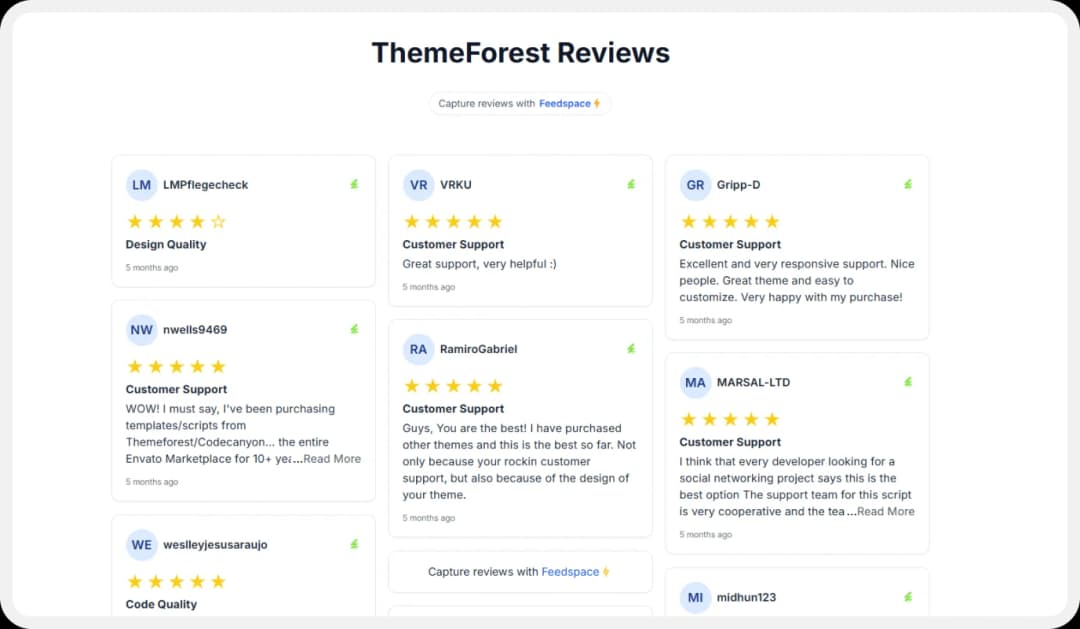 Creating a Wall of Love display with Themeforest reviews