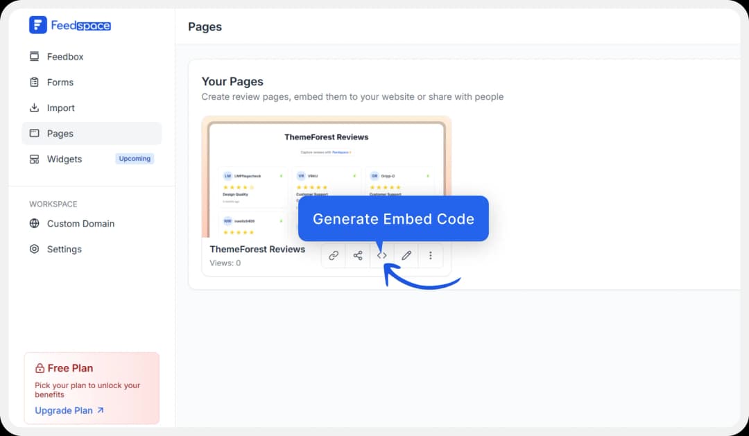Button to generate embed code for Wall of Love display