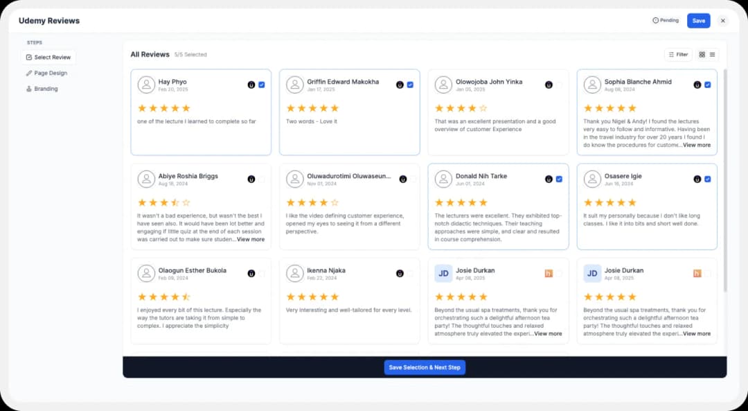 Selecting Udemy reviews to show in Wall of Love