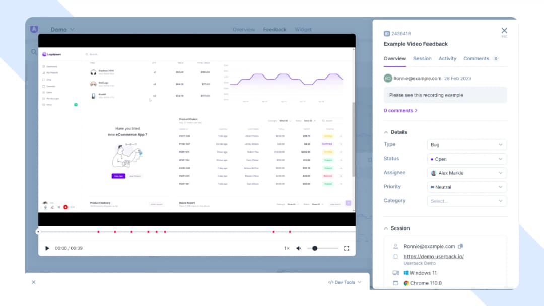 Userback testimonials performance reports