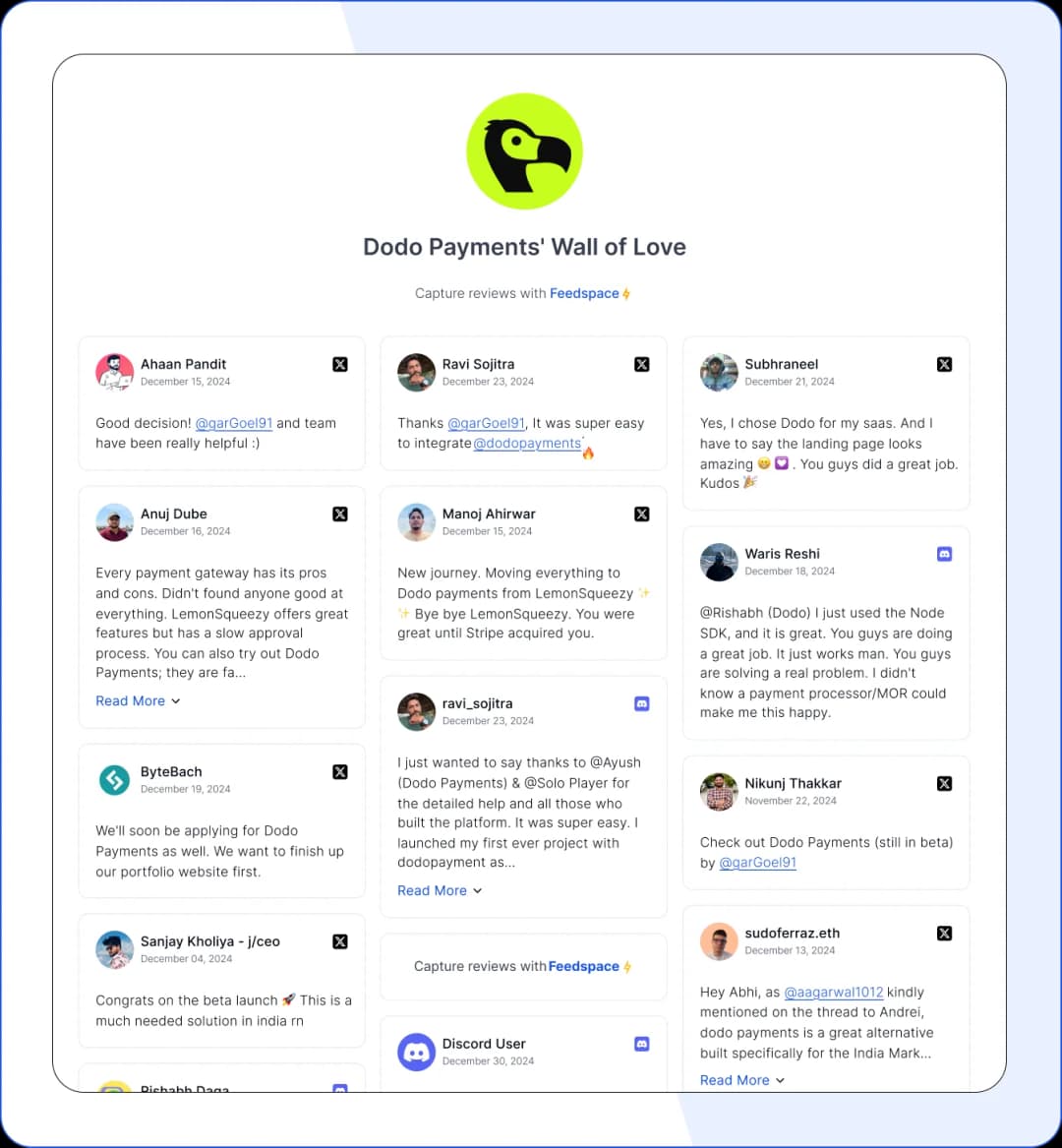 Dodo Payments integrated the Wall of Love on their website using Feedspace