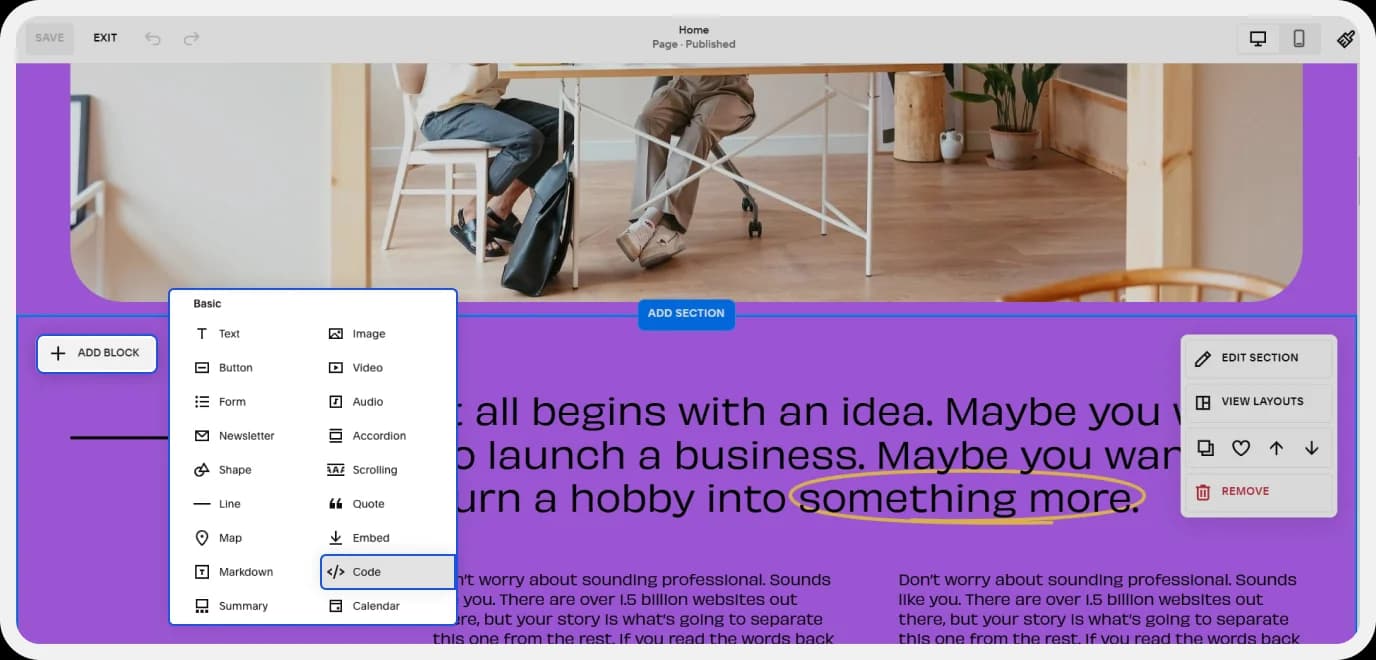 Adding a Code block in Squarespace by clicking the plus icon