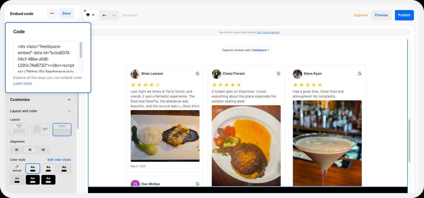 Editing custom HTML to add the Google review embed code to Weebly