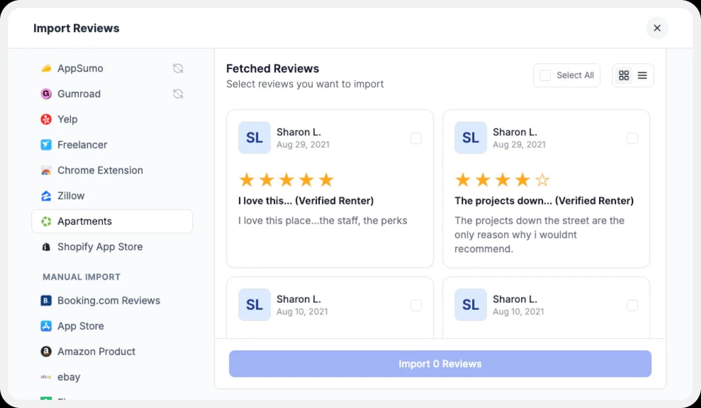 Preview of the list of reviews to import.
