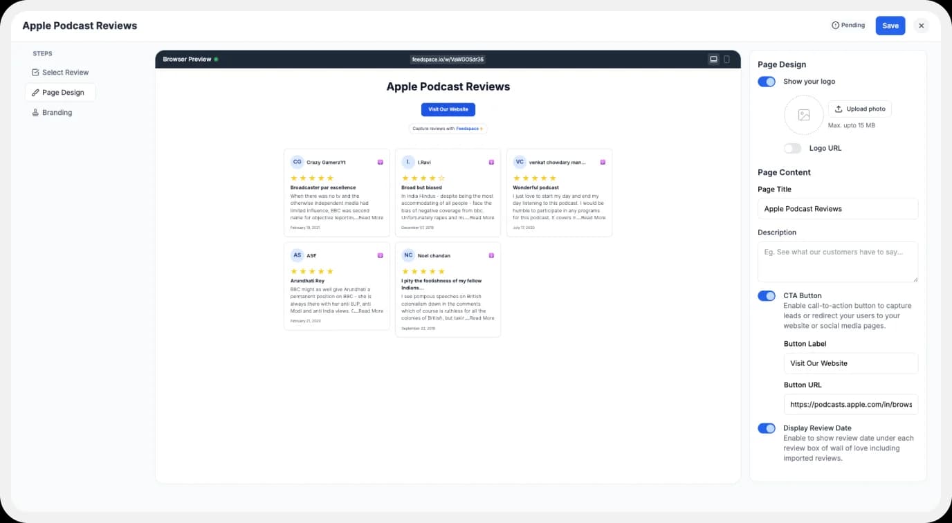 Displaying Options to customize Wall of Love
