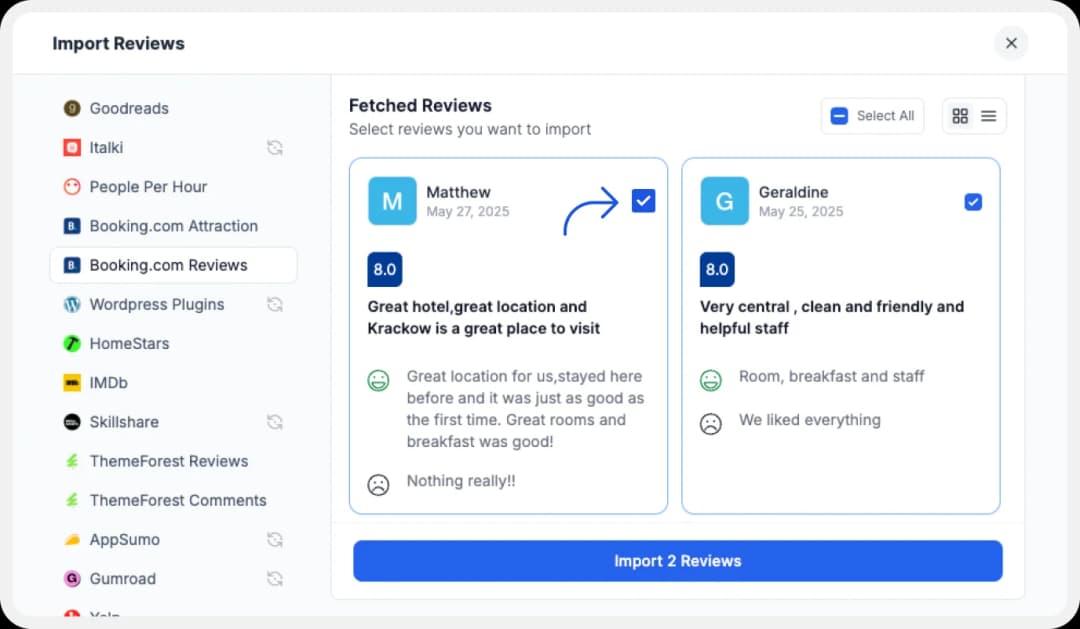 Select Booking.com reviews to import