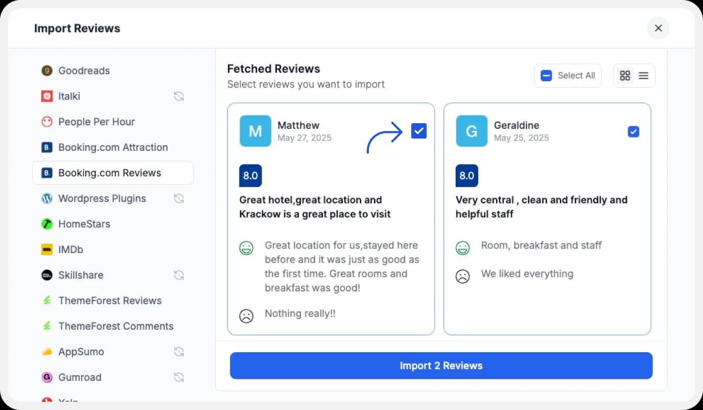 Select Booking.com reviews to import