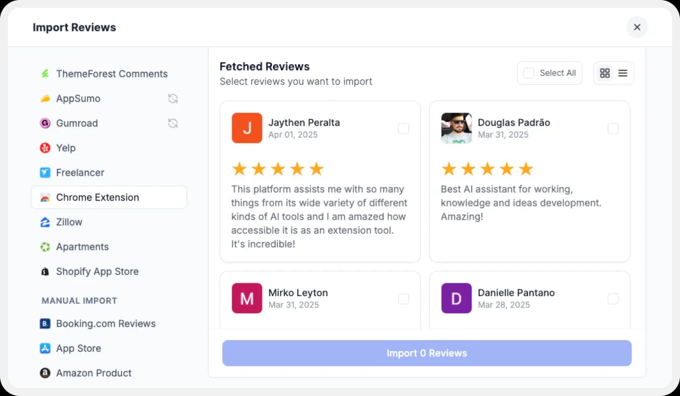 Preview of the list of reviews to import.