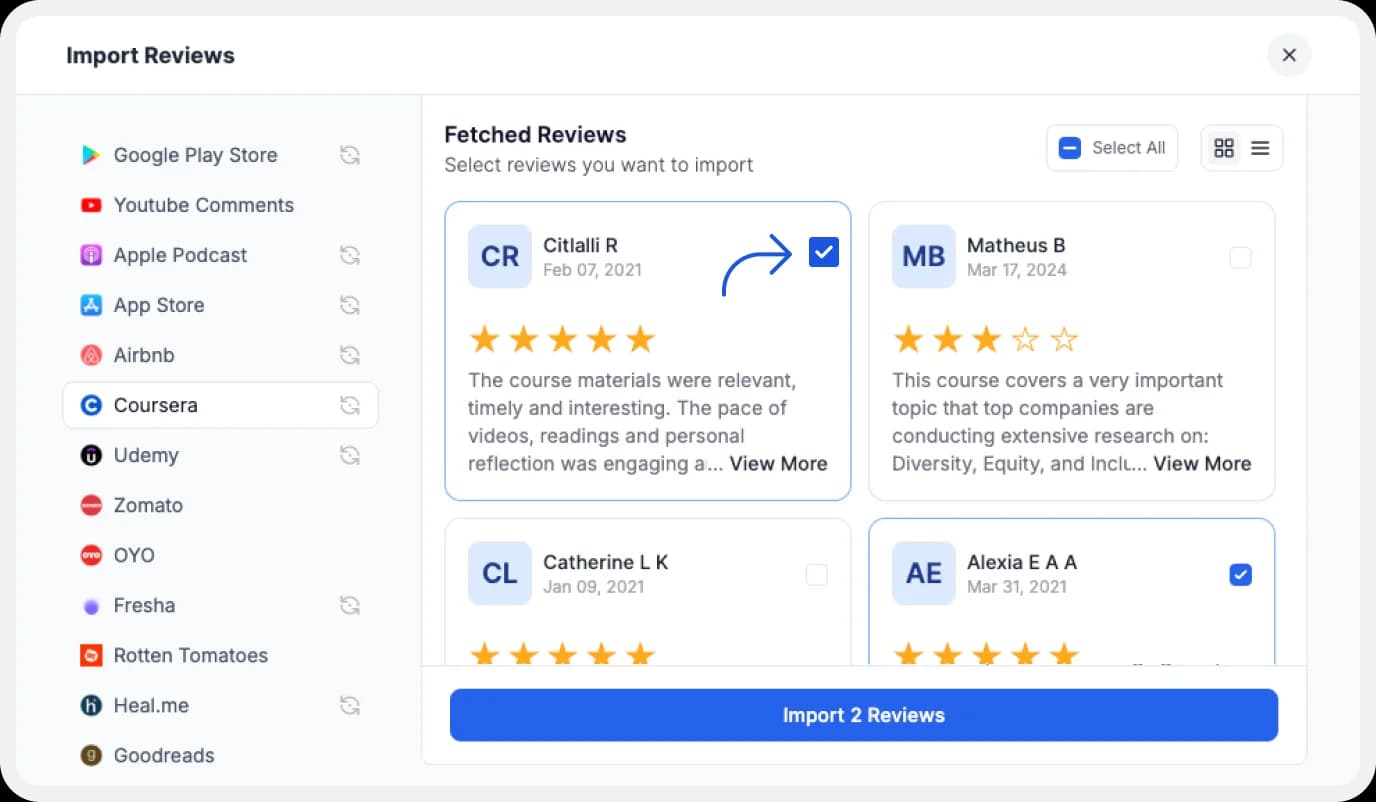 Selecting Favorites coursera reviews to import
